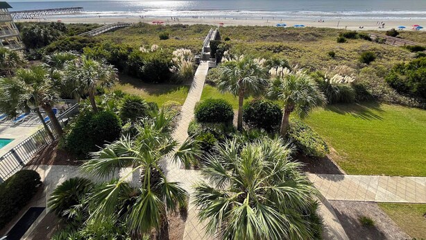 Une propriété située en bord de mer, avec un chemin pavé menant à la plage, entourée d’une végétation luxuriante et de palmiers.