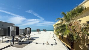 Une terrasse sur le toit équipée de climatiseurs, agrémentée d’un palmier et offrant une vue sur l’océan.