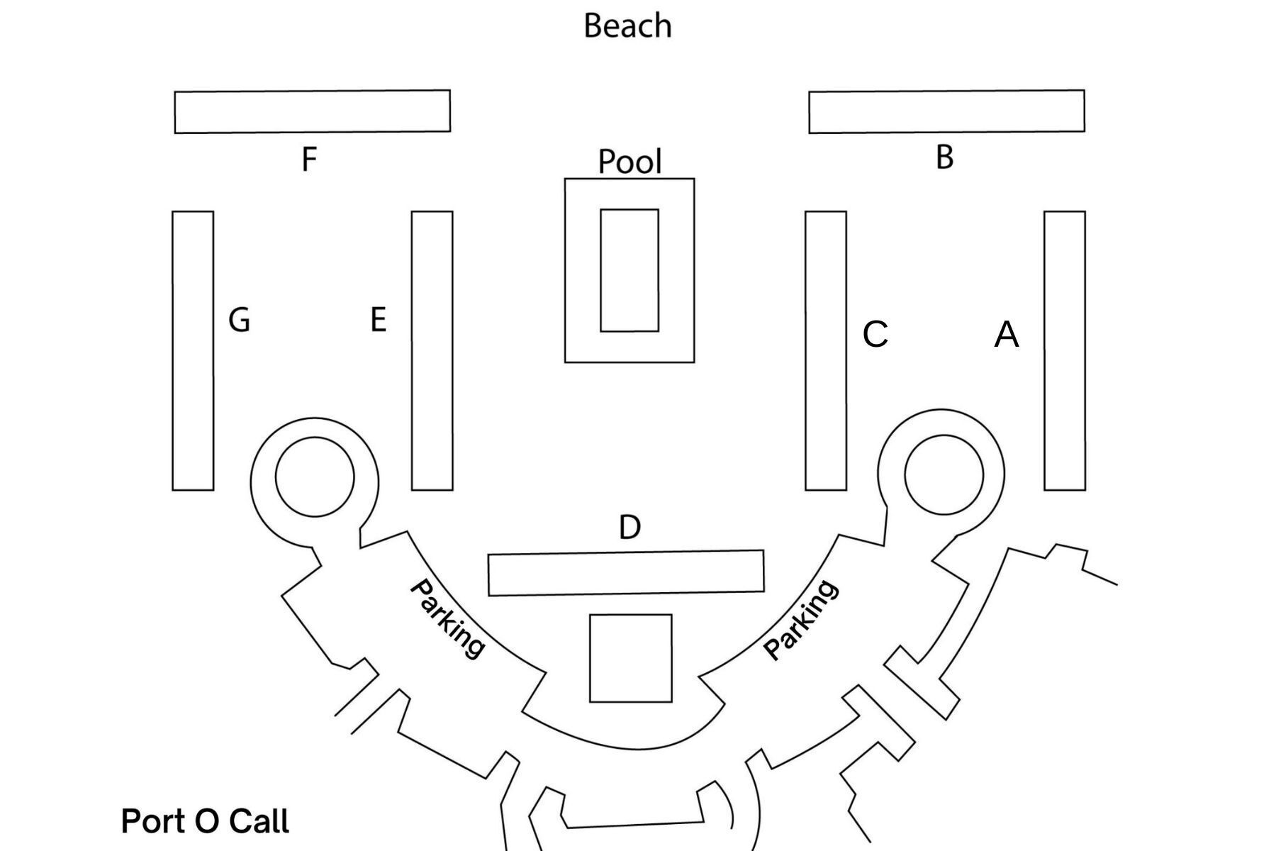 A layout of a beach resort with labeled areas including a pool, parking, and a beach.