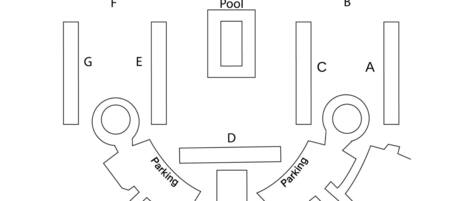 A layout of a beach resort with labeled areas including a pool, parking, and a beach.