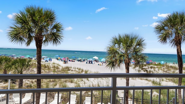 A beach view with palm trees, beach umbrellas, and lounge chairs. - Direct Oceanfront Views -  Madeira Norte #110 (Madeira Beach)