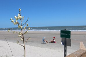 A beach with a sign reading "Seagrove".