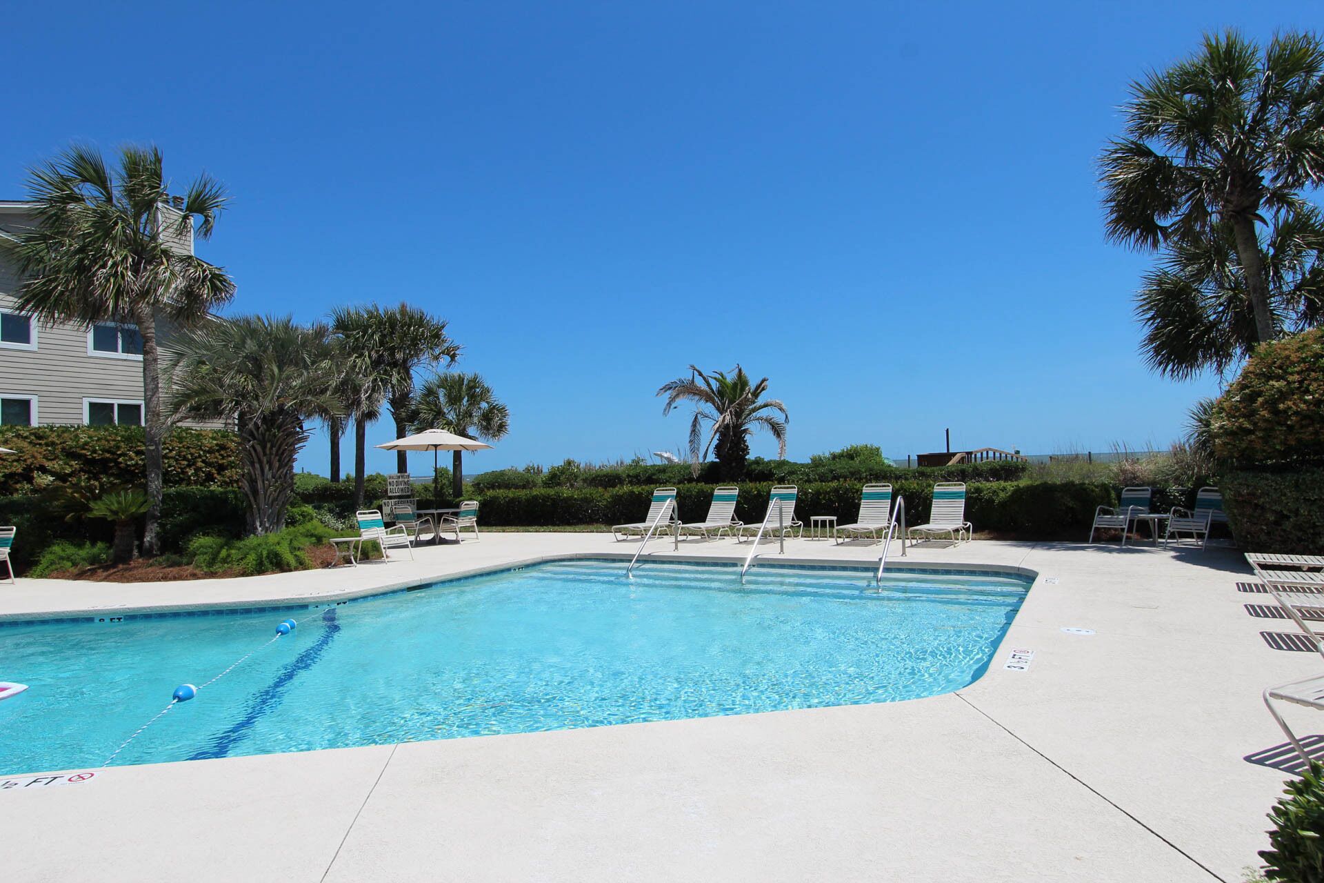 A rectangular swimming pool with clear blue water, surrounded by lounge chairs and umbrellas.