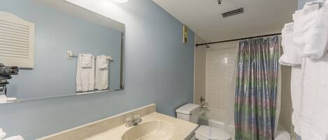 Une salle de bain avec un lavabo, des toilettes et une douche.