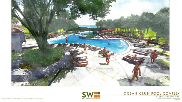 En konceptuell planritning för Ocean Clubs poolområde, med en central pool, solstolar och skuggade områden.