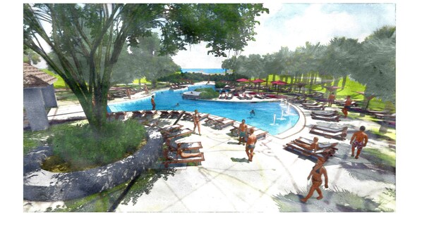 Un plan d’aménagement conceptuel pour le complexe de piscines de l’Ocean Club, comprenant une piscine centrale, des chaises longues et des zones ombragées.