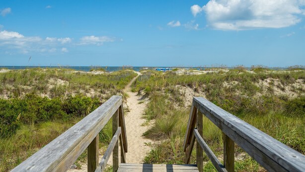 A wooden boardwalk leading to a beach with dunes and sparse vegetation. - Shipwatch A204: Oceanfront condo, stunning views & private balcony retreat (Isle of Palms)