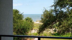 A view of the ocean through a window with a view of the beach and trees. - Shipwatch A204: Oceanfront condo, stunning views & private balcony retreat (Isle of Palms)