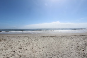 Ein Strand mit blauem Himmel und ruhiger See.
