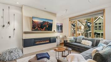 Flat-screen TV, fireplace, DVD player, video library