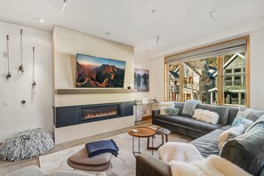 Flat-screen TV, fireplace, DVD player, video library