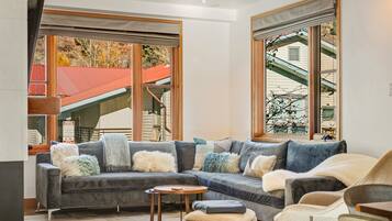 Flat-screen TV, fireplace, DVD player, video library