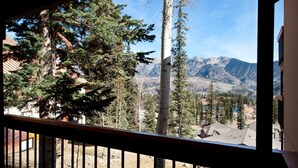 A mountain view from a balcony with a railing, trees, and a building in the foreground. - Completely Remodeled Ski in/Ski Out condo - Amazing Views and Great Deck (Durango)