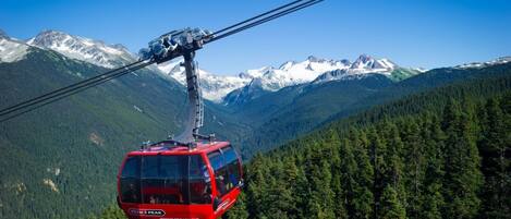 Un teleférico rojo suspendido sobre una zona montañosa boscosa, con picos nevados al fondo.