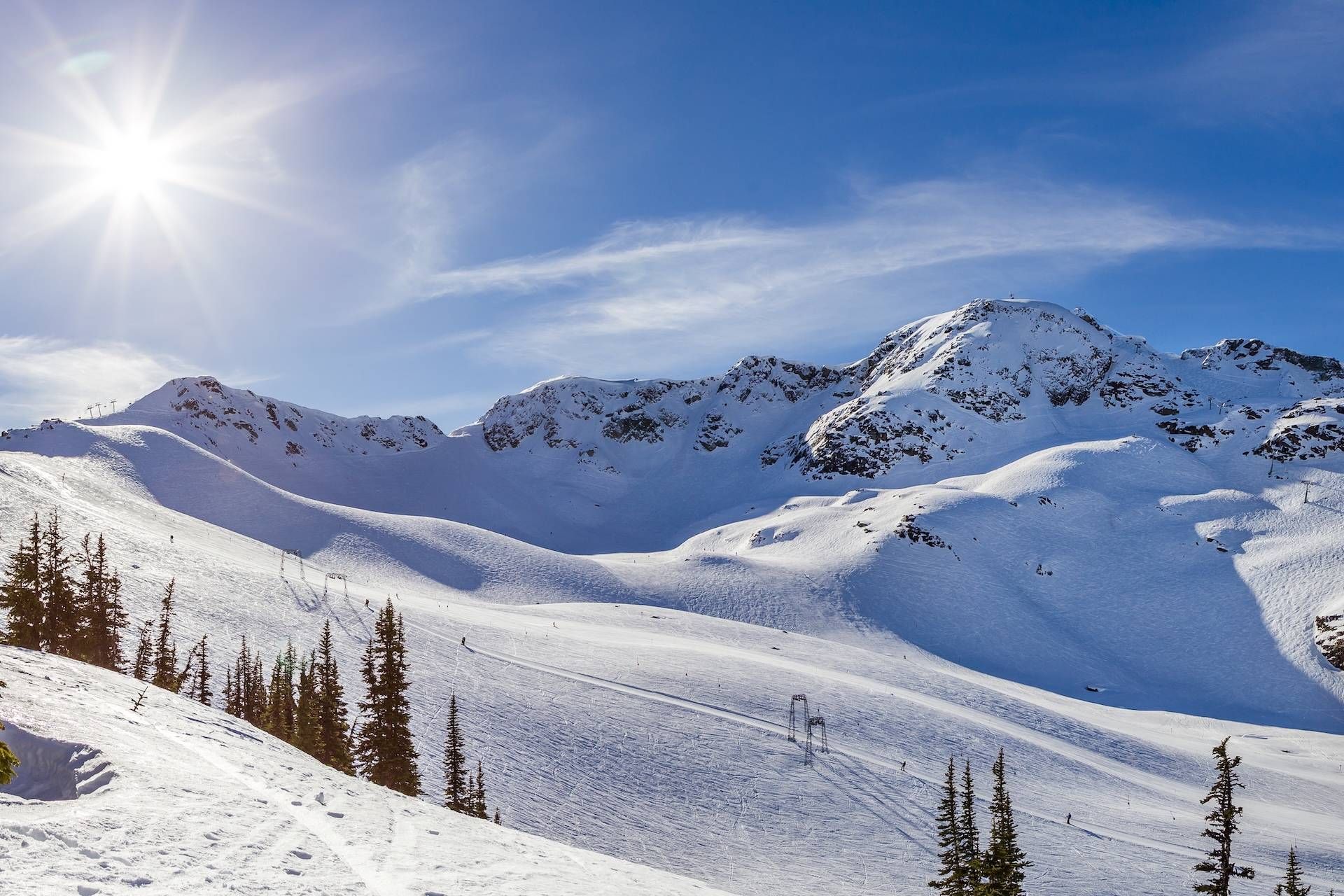 Un paysage de montagne enneigé, avec des pistes de ski et des arbres.