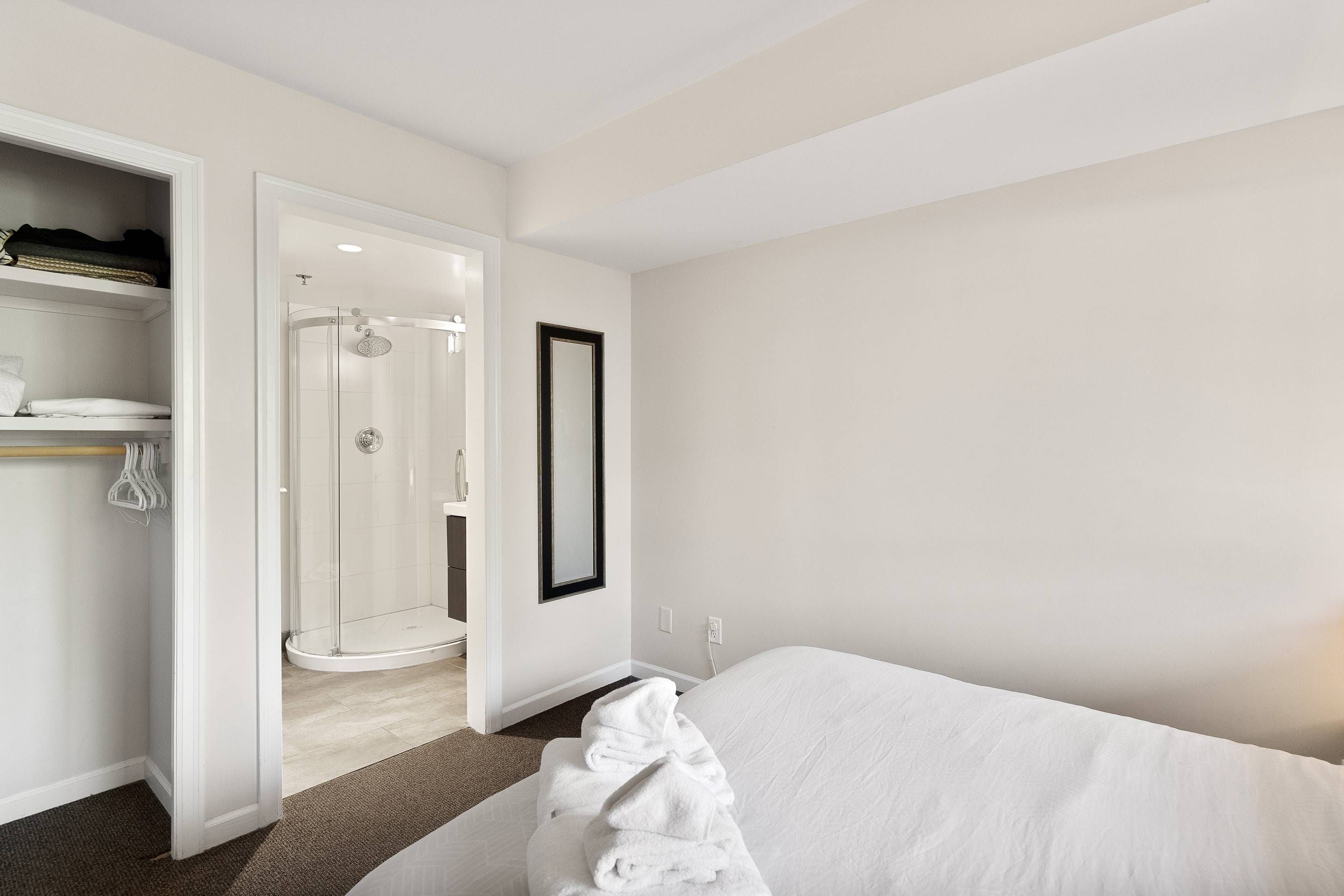 A hotel room with a bed, a walk-in closet, and a shower area.