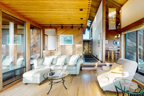 TV, fireplace, DVD player, video library - Beautiful Ocean Bluff Retreat with Private Hot Tub, Sauna, & Shared Pool (Sea Ranch)