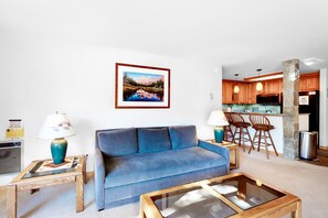 TV, fireplace, DVD player - Condo with Shared Hot Tubs, Pool, and Sauna & Great Mountain Views (Mammoth Lakes)