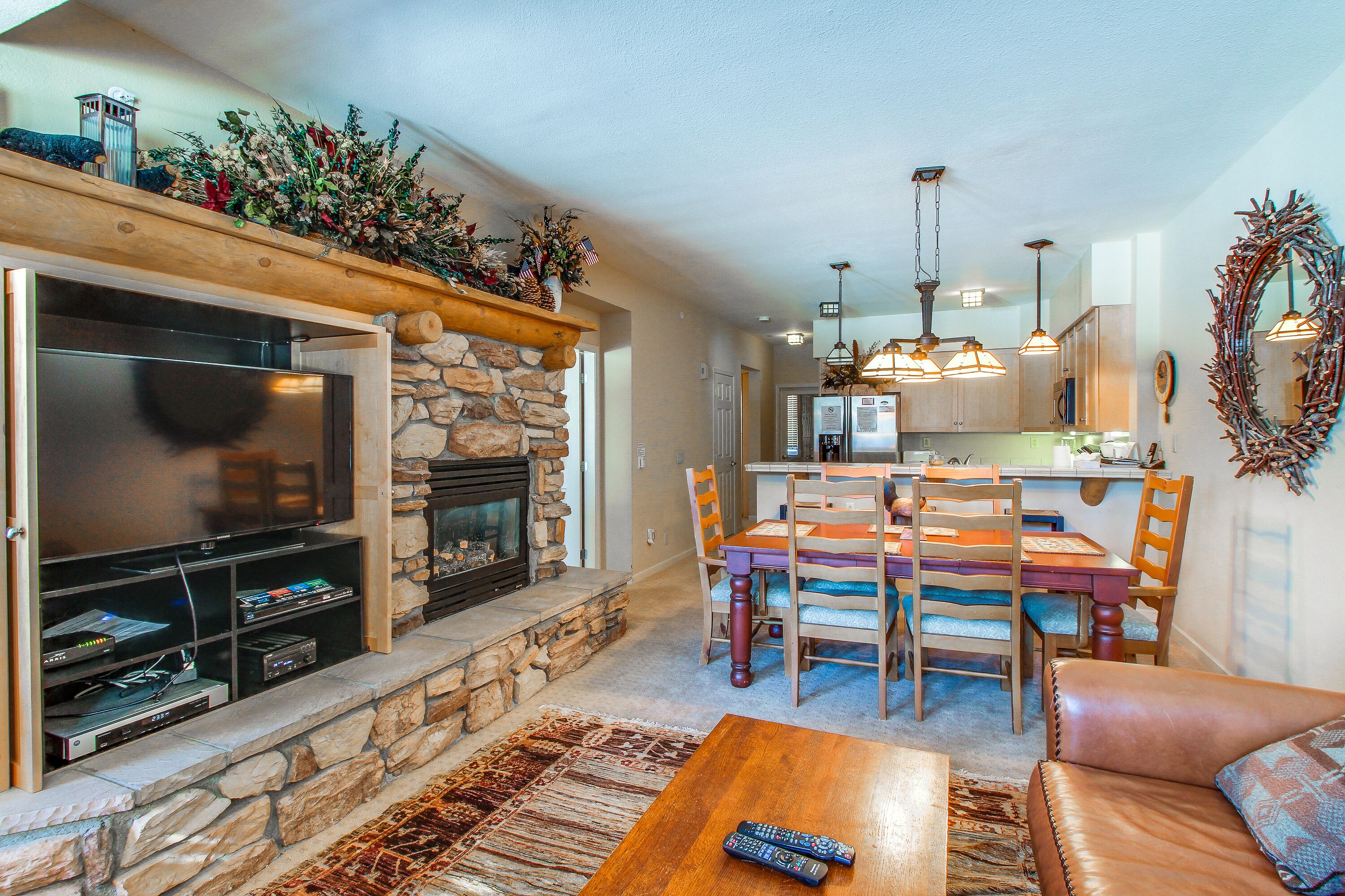 TV, fireplace, DVD player, books