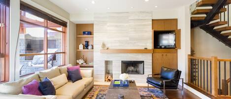 Télévision, cheminée, livres, chaîne hi-fi