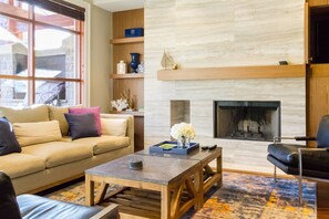 TV, fireplace, books, stereo