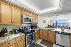 Fridge, microwave, oven, stovetop