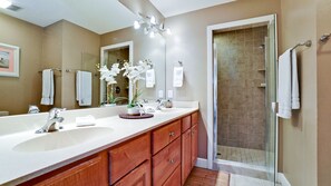 Combined shower/tub, hair dryer, towels