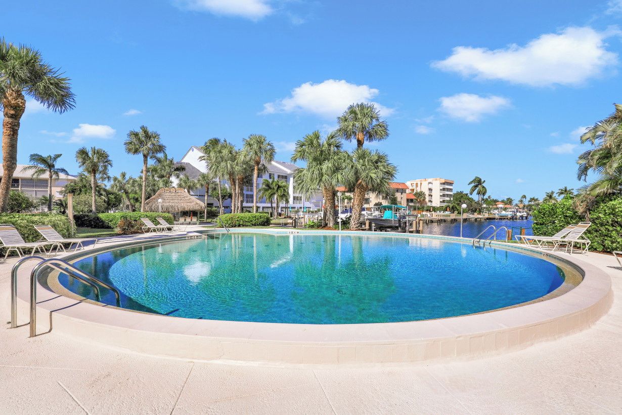 A large, clear swimming pool surrounded by palm trees and lounge chairs, with buildings in the background.