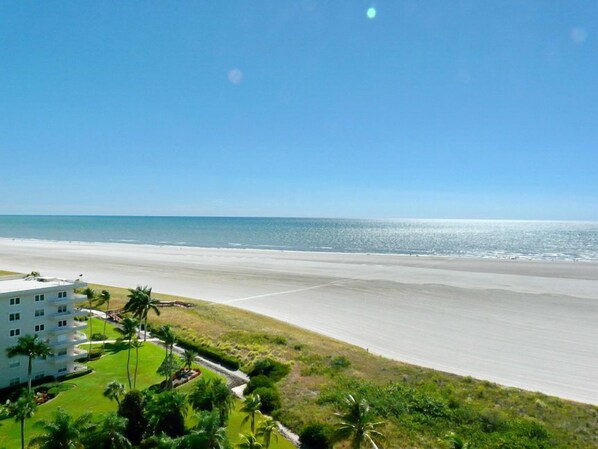 A beachfront hotel with a view of the ocean, a parking area, and a well-maintained lawn with palm trees.