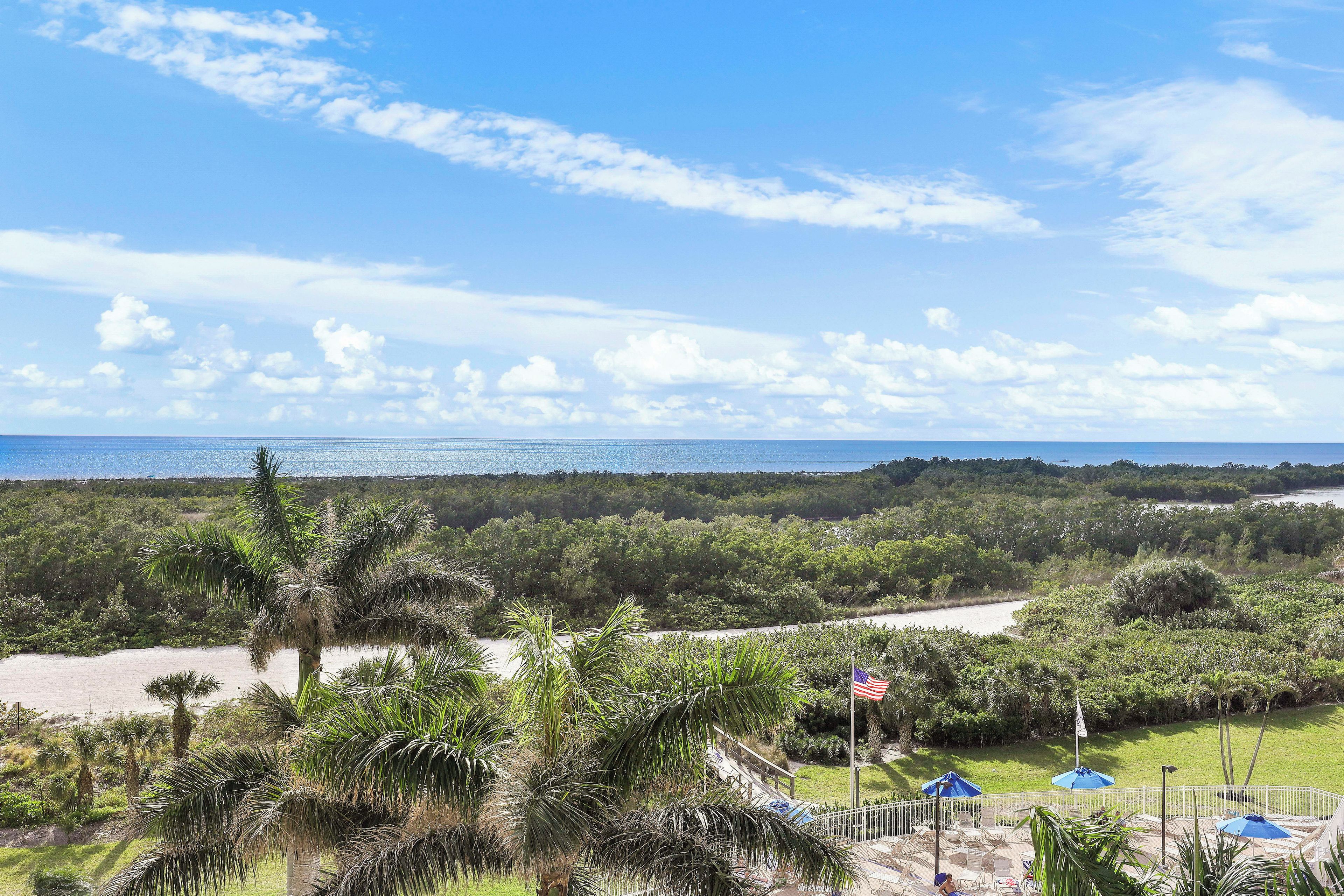 Une vue d’un paysage côtier avec une plage, des palmiers et un drapeau.