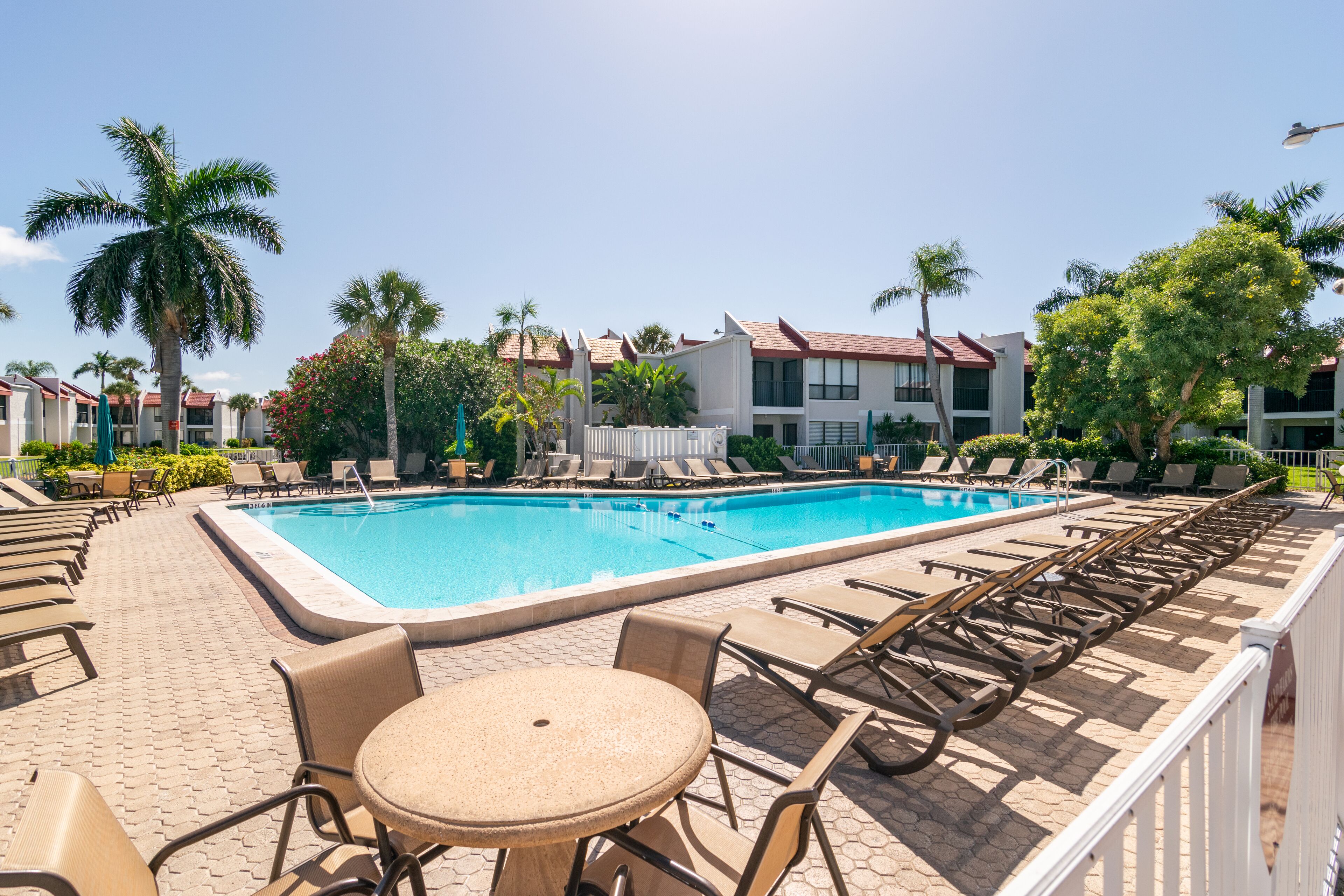 Una piscina con sillones reclinables y una mesa, rodeada de palmeras y edificios.