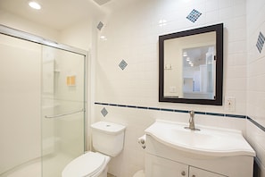 Hair dryer, towels, soap, shampoo