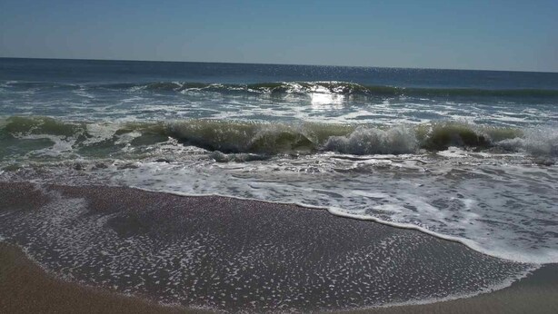 Una playa con olas rompiendo en la orilla bajo un cielo despejado.