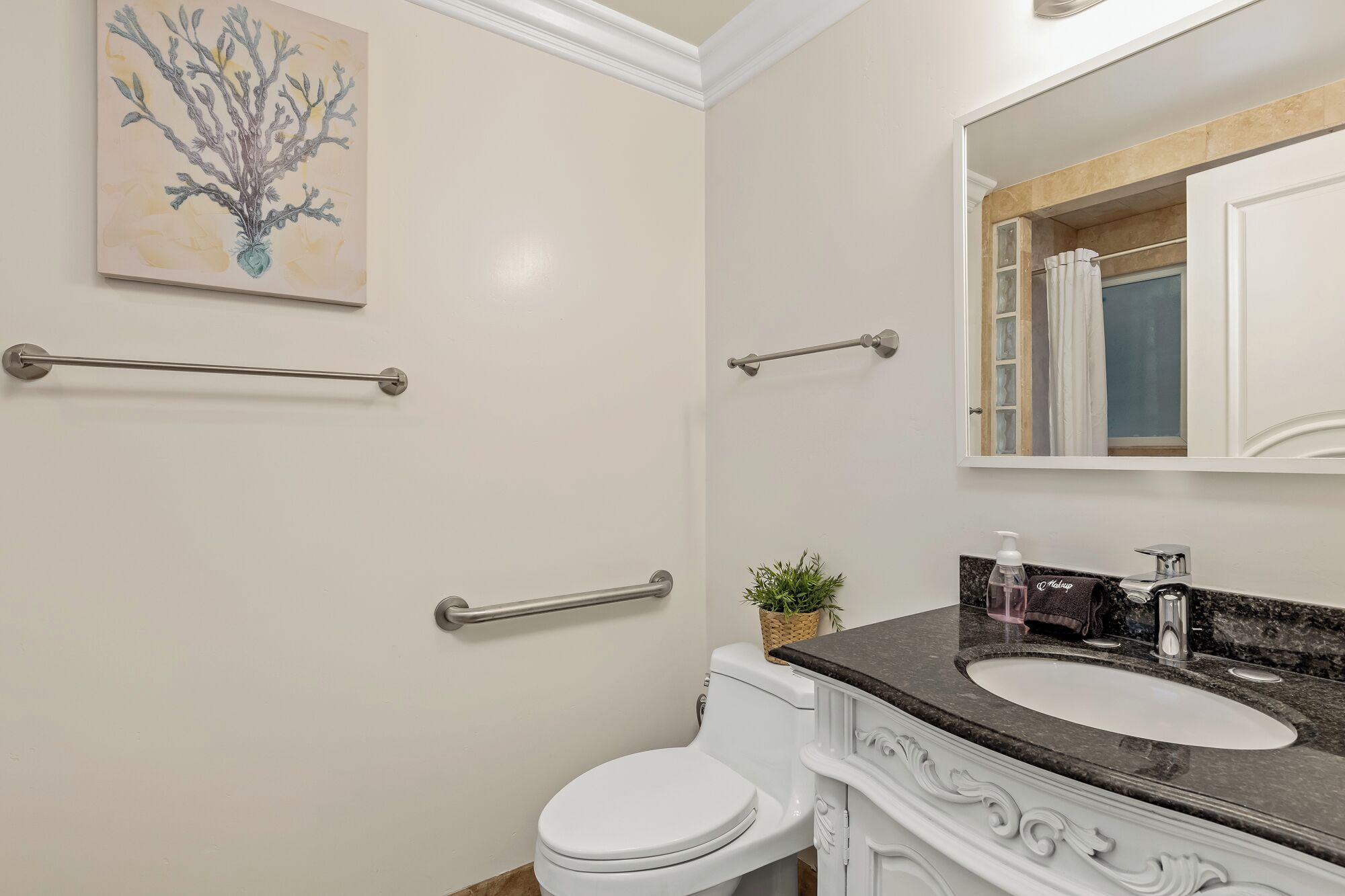 A bathroom with a white toilet, a sink with a marble countertop, a mirror, and a handrail.