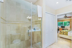 Shower, hair dryer, towels