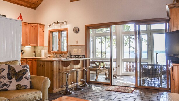 Un interior acogedor con techo de madera, una zona de cocina, un comedor con vistas y una sala de estar con sofá y almohada con forma de mariposa.