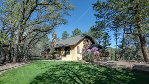 Et hus omgivet af træer med en velplejet græsplæne.