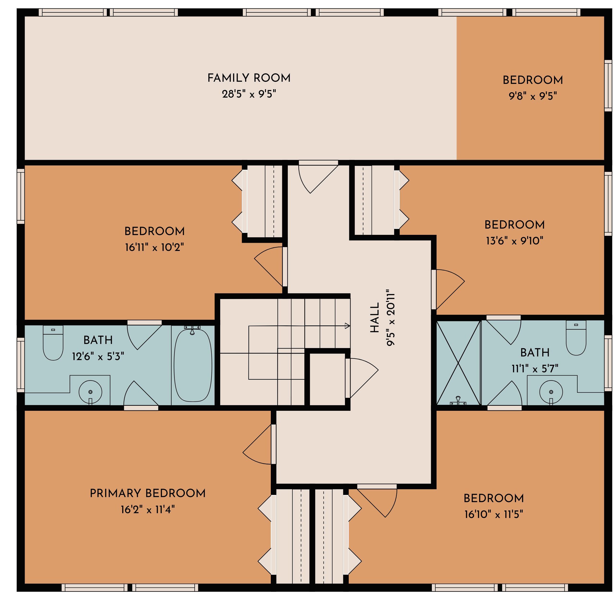 A floor plan with a family room, four bedrooms, a primary bedroom, two bathrooms, and a hall.