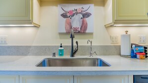 A kitchen with a stainless steel sink, a faucet, a soap dispenser, and a decorative painting above the sink.