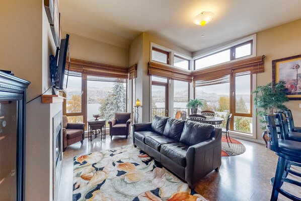 Una televisión, una chimenea, un reproductor de DVD