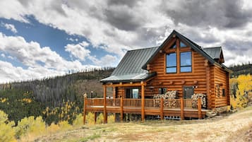 Cozy cabin with a porch and windows, set amidst a forested landscape.