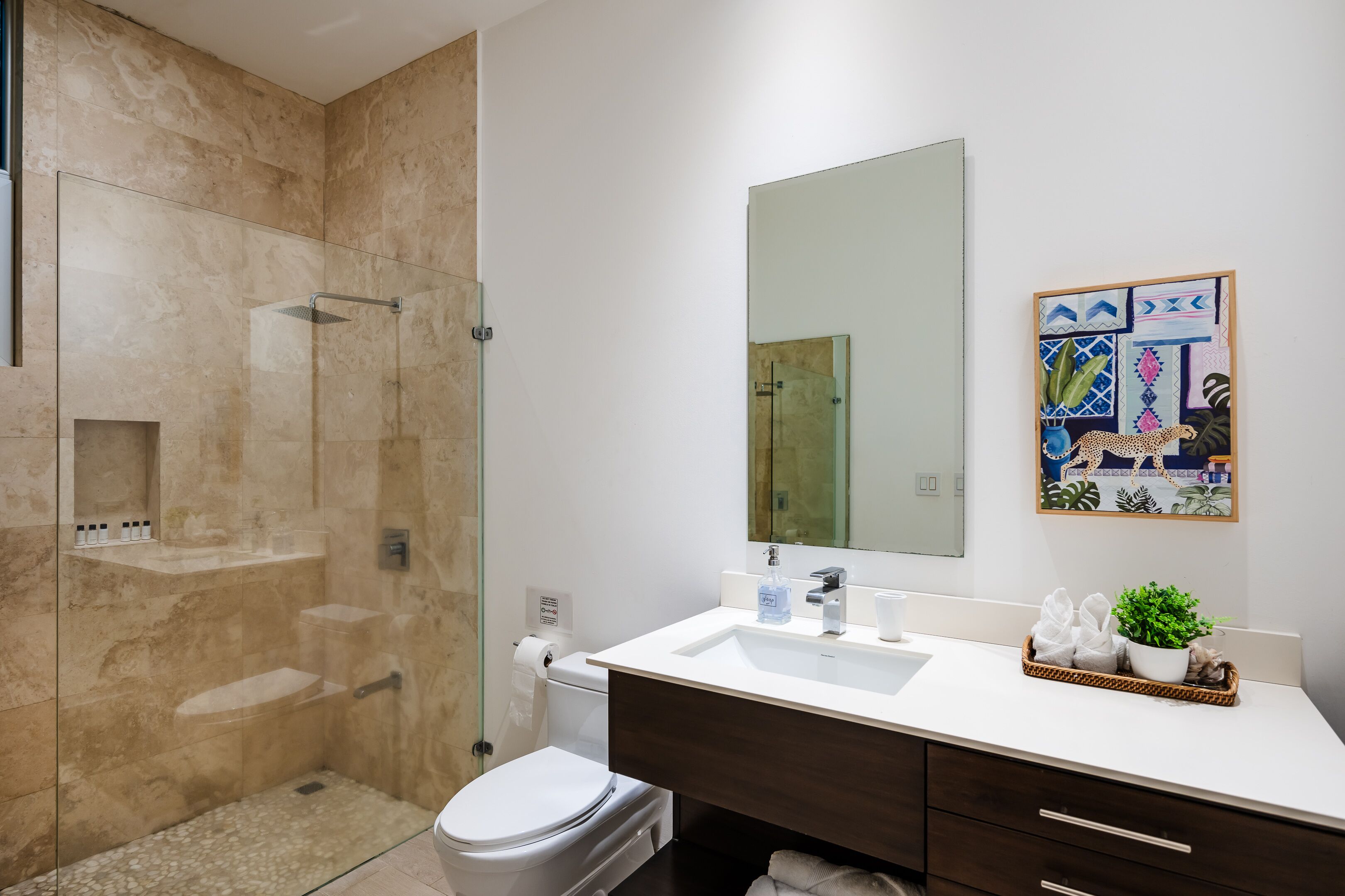 A modern bathroom with a glass-enclosed shower, a white toilet, a large mirror, and a decorative wall piece.
