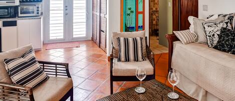 TV, DVD player, books, music library