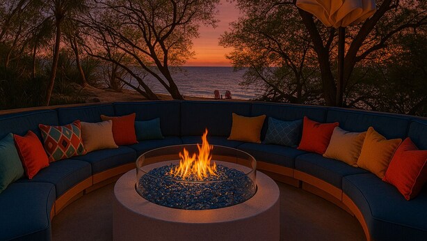Un sofá azul curvo con cojines de colores, un hogar de fuego con cubierta de vidrio y vistas al océano al atardecer.