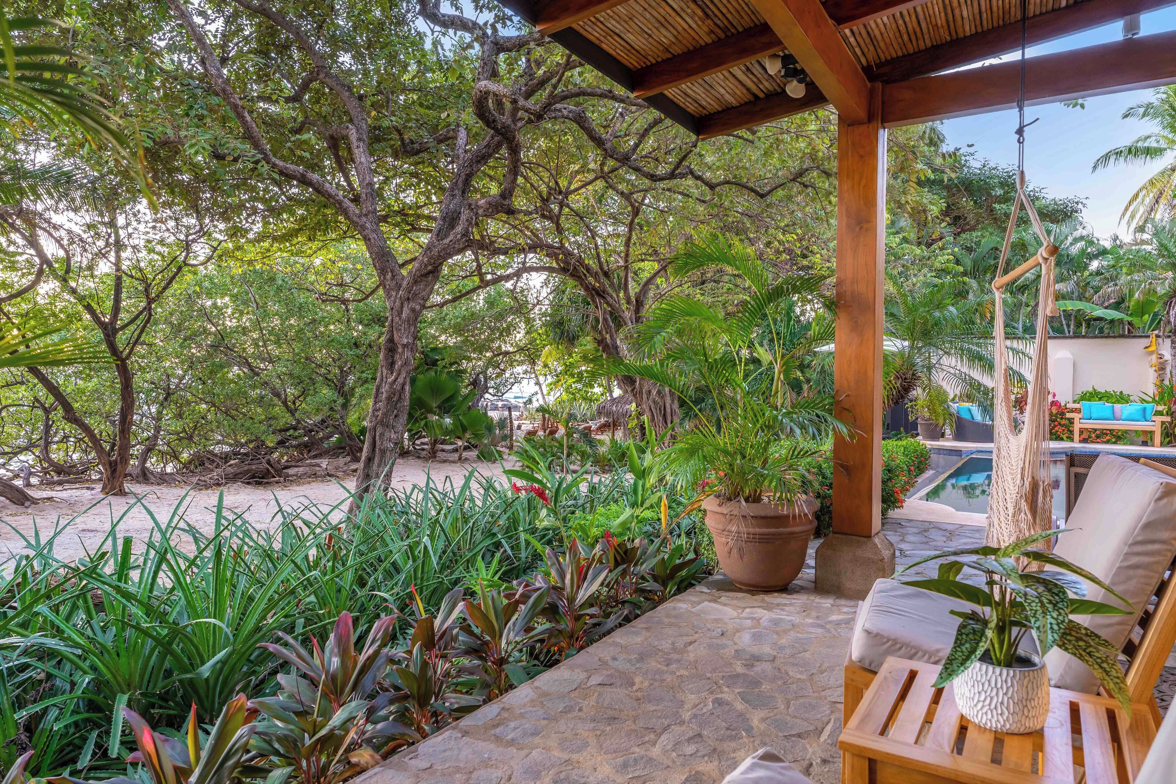 Un área de estar al aire libre con techo, piscina y abundante vegetación, incluyendo plantas en macetas.