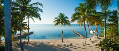 On the beach, sun-loungers, beach towels