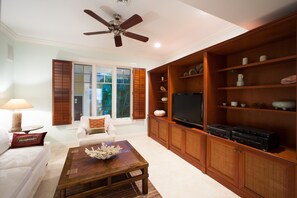 Televisión de pantalla plana, reproductor de DVD, libros, estéreo