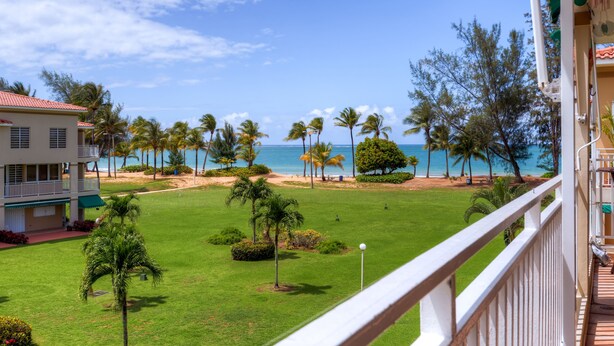 A view of a hotel with a lawn, palm trees, and a beach in the background. - Breezy Rio Grande Getaway w/ Pristine Ocean Views! (Rio Grande)