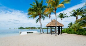 A beach with a thatched hut, palm trees, and a dock extending into the water. - Treasure Cove – Luxurious private villa with pool and boat dock in Cayman Kai (North Side)