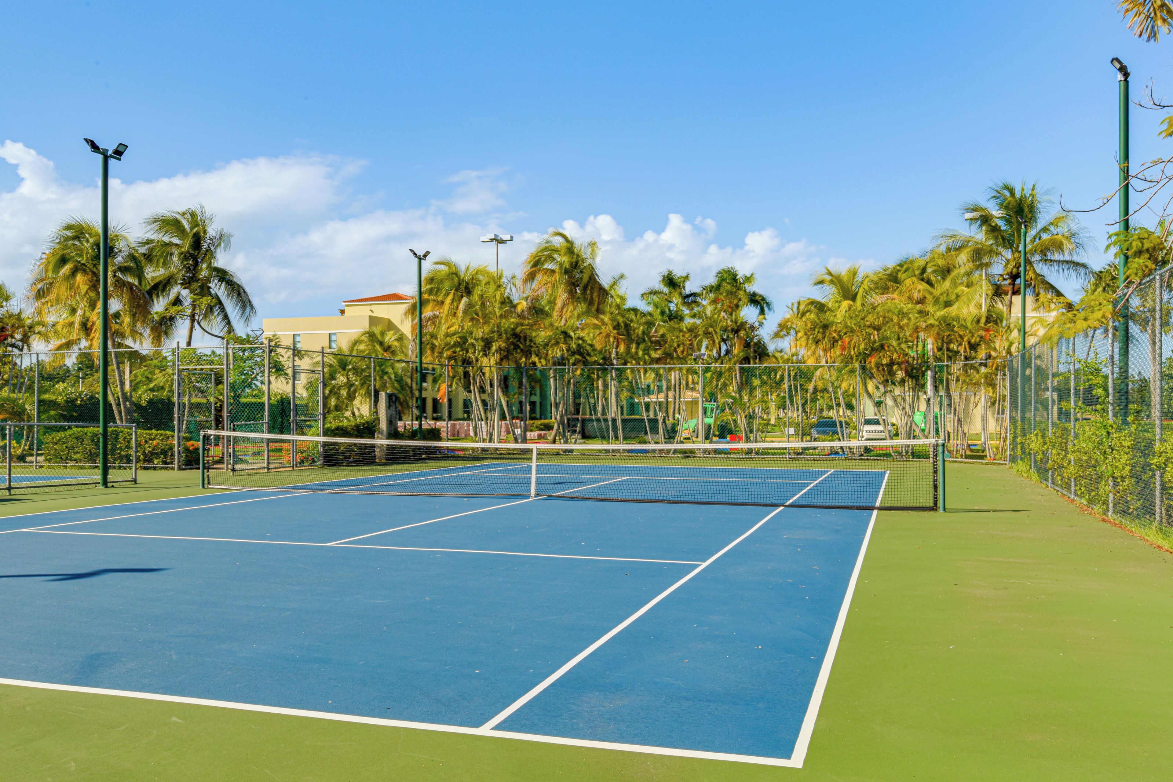Een tennisbaan met een net, omringd door een hek en palmbomen.